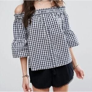 Abercrombie & Fitch Gingham Plaid Off Shoulder Top Blue White XS